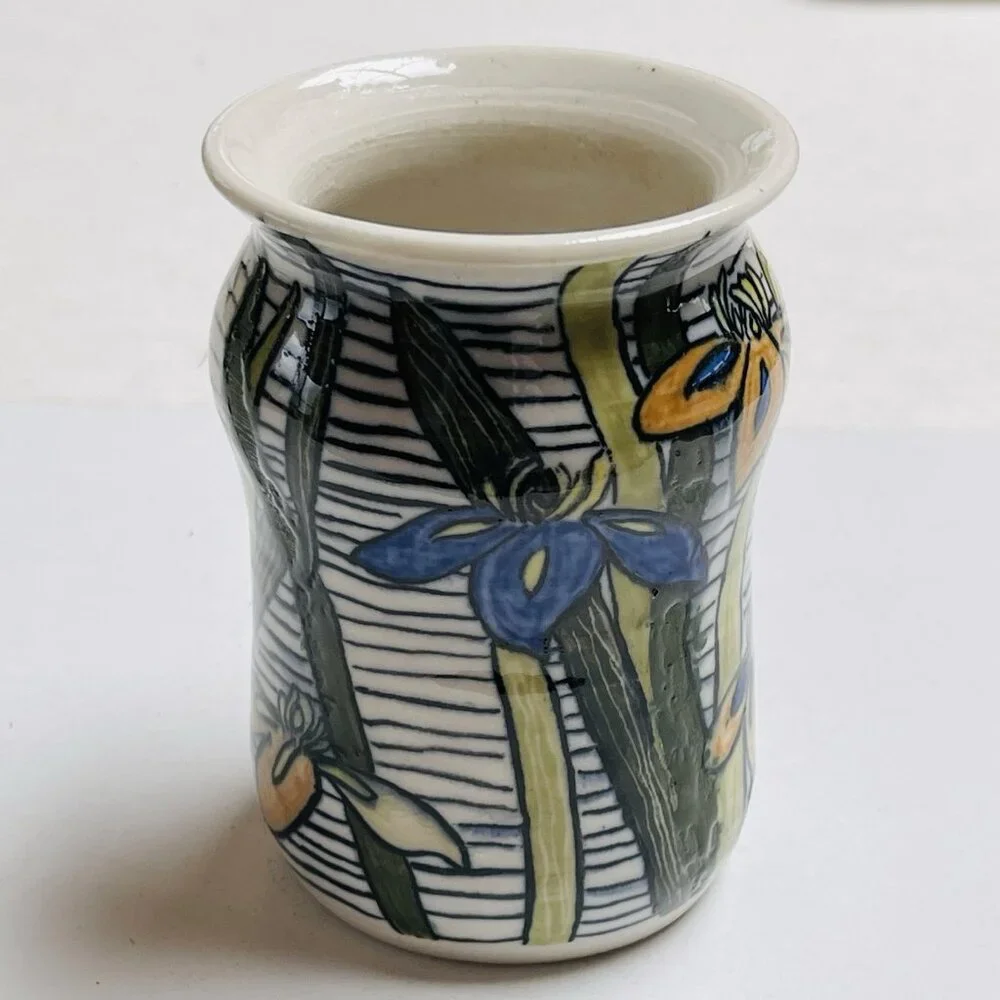 Studio Art Pottery Vase Signed Floral Blue Iris Home Decor